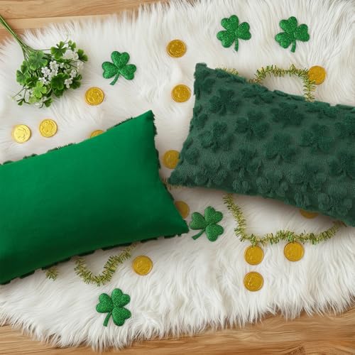 Image of decorUhome St. Patrick's Day Shamrock Green Pillow Covers 12x20 Inch Set of 2, Soft Plush Faux Wool Throw Pillow Covers, Farmhouse Spring Holiday Decor for Sofa Living Room