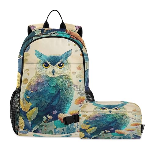 Kids Backpack Beautiful Green Owl Boys Girls School Backpack with Lunch Bag Bookbag Set