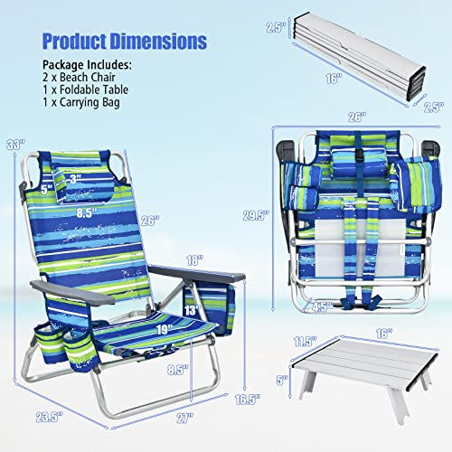 Image of Tangkula Backpack Beach Chair with Table, 5-Position Lay Flat Beach Chairs with Cooler Bag, 2 Cup Holders, Towel Bar, Lightweight Low Folding Beach Chair with Backpack Straps