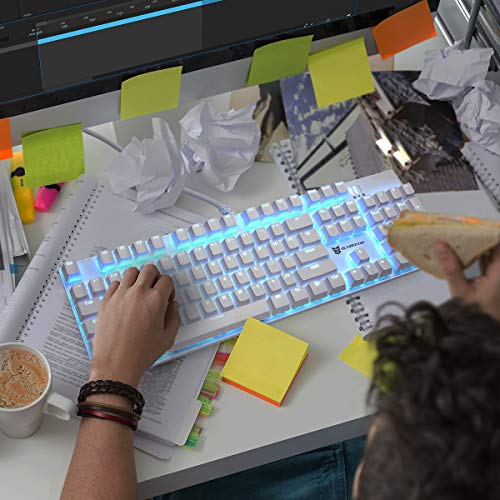 Image of Merdia 104 Keys Full Size Mechanical PC Gaming Keyboard | Brown Switch Hot Swappable White Mechanical Wired Computer Keyboards | Ice Blue LED Backlit 104 Keys US Layout Light Up Wired Gaming Keyboard