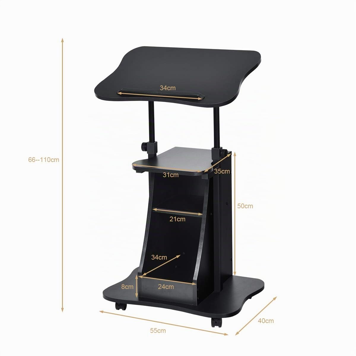 COSTWAY Mesa para Ordenador Portátil Altura Ajustable con Ruedas y Estante Carro para Computadora para Oficina Hogar Negro