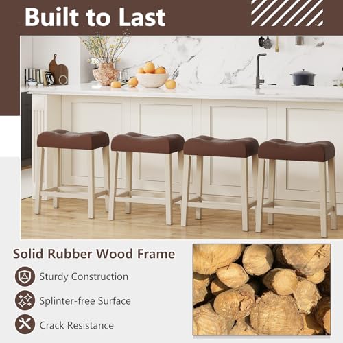 Image of Giantex 24 inch Bar Stools Set of 4, Upholstered Counter Height Saddle Bar Stools with Footrest and Wood Legs, Farmhouse Faux Leather Backless Barstools for Kitchen Island, Dining Room, Cafe, Brown+Beige