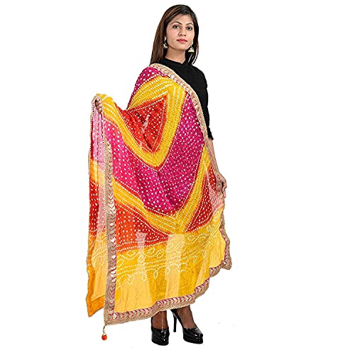 Image of Women's Jaipuri Art Silk Bandhej Rajasthani Bandhani Dupatta with Gota Patti Lace