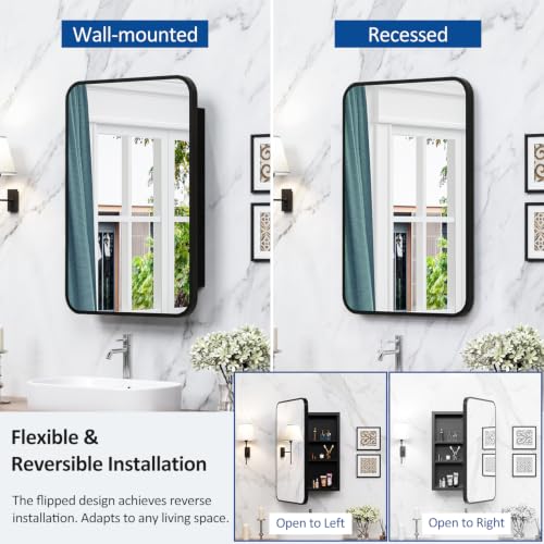 Image of ACEMIRO 16x24 Inch Black Mirror Medicine Cabinet Metal Framed Recessed Wall Mounted Bathroom Medicine Cabinet with Mirror and Storage