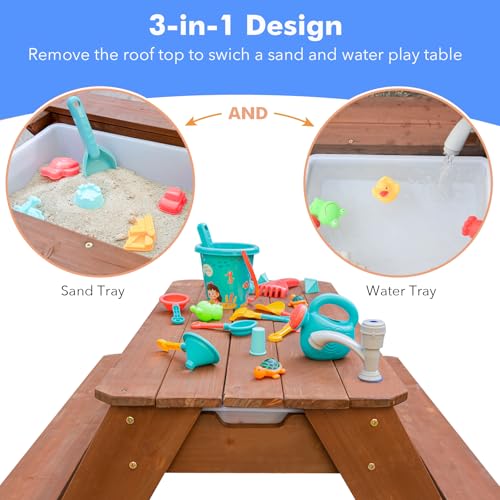 VYOMAMA Kids 3-in-1 Sand & Water Table, Wood Outdoor Convertible Picnic Table with Umbrella, 2 Trays, Removable Top with Faucet, Picnic for Outdoor (Brown/Navy)