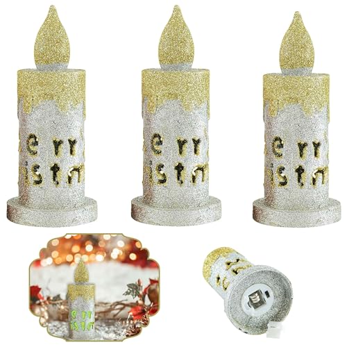 Image of SRV Hub 3x Golden/Silver Colour Changing LED Lightup Glitter Candles |17cm| Decoration Battery Operated Flameless Candles for Xmas Home for Christmas Party