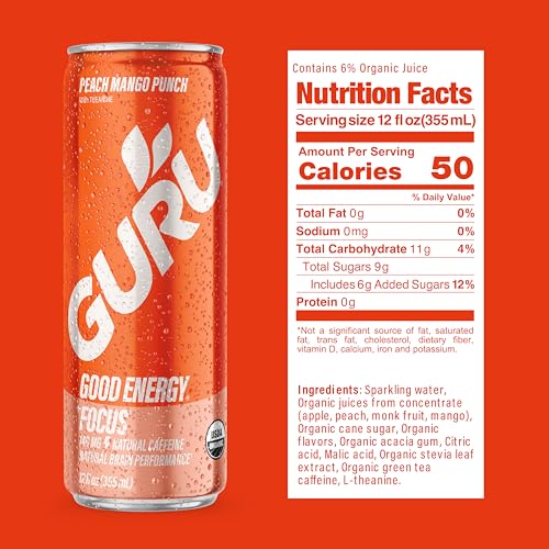 Image of GURU Energy Drink, Peach Mango Punch Organic Sparkling Energy Drink with Real Fruit Juice + L Theanine, 140 MG Natural Caffeine for Workouts, Performance & Midday Boost, Plant Based, Gluten Free, 12 Fl Oz, 24 Pack