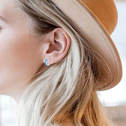 Valentine's Day Gift Small Hoop Earrings, Hinged Huggie Earrings Simulated Opal Blue Earrings Hypoallergenic Earrings For Sensitive Ears 925 Sterling Silver Earrings For Women Men Teen (Blue) #TOP3