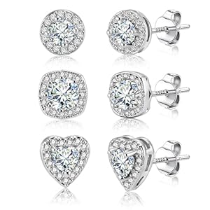 ALEXCRAFT Sterling Silver Stud Earrings for Women Cubic Zirconia Halo Round Heart Square Diamond Large Silver Stud Set Earring
