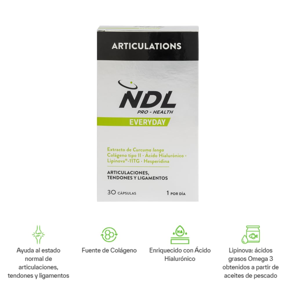 NDL Pro-Health Articulations | Colágeno Tipo II + Ácido Hialurónico + Cúrcuma + Vitamina C | Soporte para huesos, cartílagos y articulaciones | Contiene aceite de pescado | Rafa Nadal & Cantabria Labs