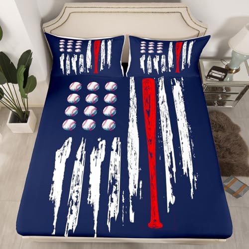 Image of Castle Fairy Baseball Printed Sheet Set Kids Boys Girls American Flag Fitted Sheets Set Full Size Sports Games Bedding Sheet Sets Includes 1 Flat Sheet,1 Fitted Sheet,2 Pillowcases
