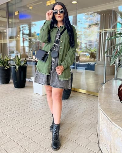 Vetinee Women’s Oversized Button Up Frayed Hem Shacket Long Sleeve Pockets Denim Jean Jacket4