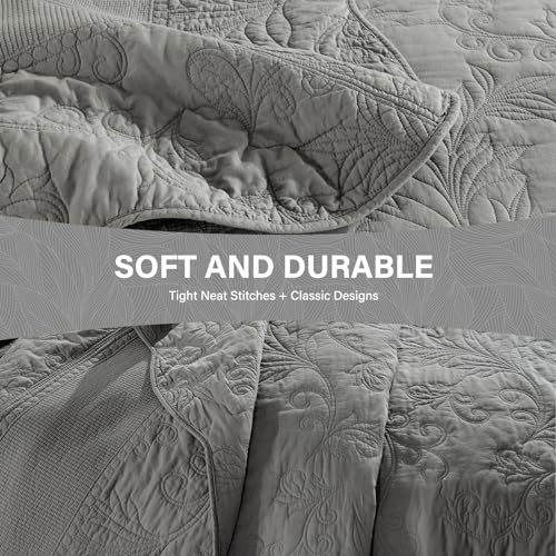 SahSahCasa 100% Cotton 120"x120" Bedspread, Oversized California King Bedspread Coverlet Quilt Set, Cal King Quilted Bedspread Extra Large Quilt, Embroidery Bedding Set Lightweight Comforter, Gray — view 5
