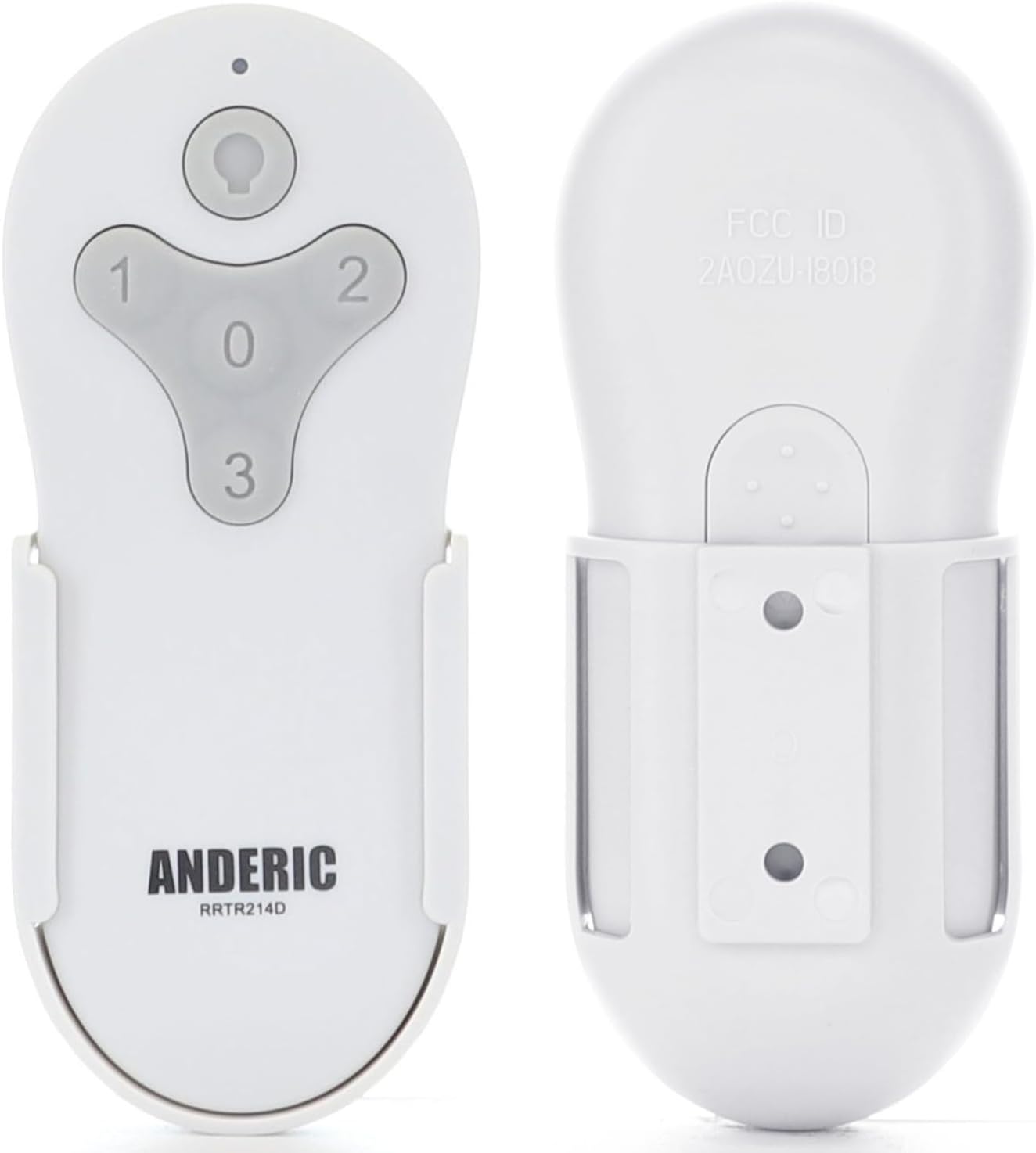 Алдыңкы жана арткы view of the Anderic RRTR214D remote control with its included wall mount.