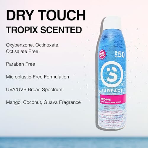 Surface Sunscreen Spray SPF 50 for Body, Lightweight Natural Formula, Reef Friendly, Broad Spectrum UVA UVB Protection, Water Resistant Sun Care for 80 Minutes Outdoor Use, Tropical Scent, 6oz
