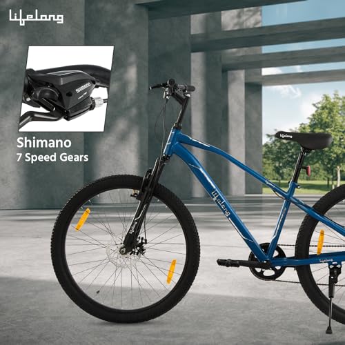 Image of Lifelong Gear Cycle for Men & Women MTB 26T with Dual Disc Brake - MultiSpeed 7-Gear Bicycle - Front Suspension Fork - Mountain Bike Ideal for 15 Years + Adults Upto Height 5 ft 5 inches (Blue)
