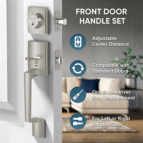 Image of TICONN Front Door Handle Set, Heavy Duty Square Door Lever & Single Cylinder Deadbolt Combo Reversible for Entrance Exterior Doors (Satin Nickel)