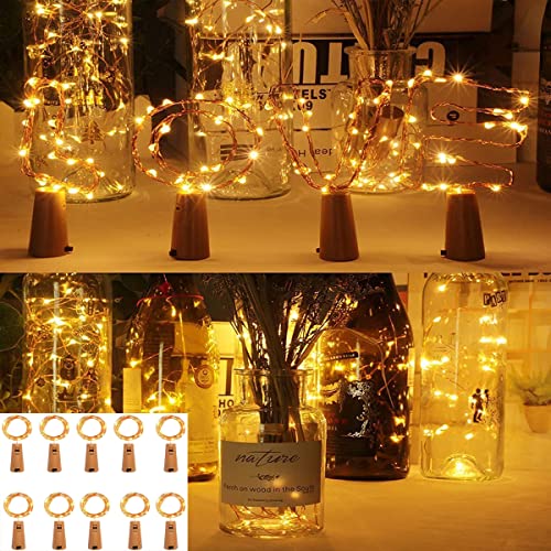 Cadena de luces para botellas de vino, 10 paquetes de luces de alambre de cobre de corcho artificial, luces con pilas para dormitorio, boda, decoración (10 paquetes de 2 m/7.2 pies blanco cálido) Cover