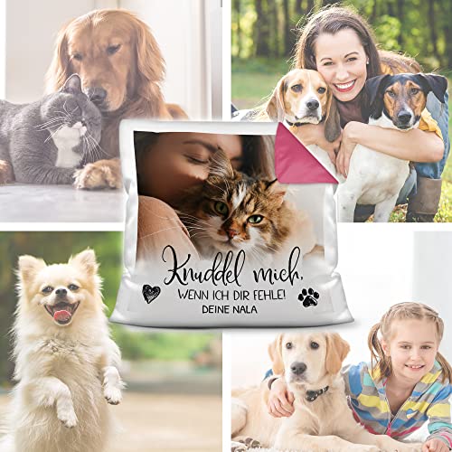 PfotenSchild Personalisiertes Foto-Kissen mit Füllung - Knuddel Mich, wenn ich dir fehle - mit Namen selbst gestalten - für Hunde, Katzen und andere Haustiere | Rückseite Pink