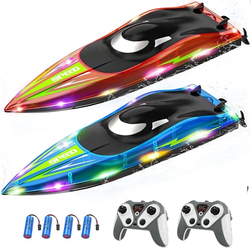 Eterfun RC Boat with LED Lights - 2Pack 14Inch Remote Control Boat for Kids and Adults, 2.4Ghz Fast RC Boats 15 KPH for Lakes & Pools with 4 Rechargeable Battery, Summer Toys Gifts for Kids Age 8-12