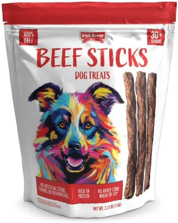 Irish~Rover Beef Sticks Dog Treats ~ 30 Count ~ Net Weight 2.2 Lbs, (1Kg) ~ 100% Beef, High Protein, No Artificial Colors, No Artificial Flavors and Preservatives.