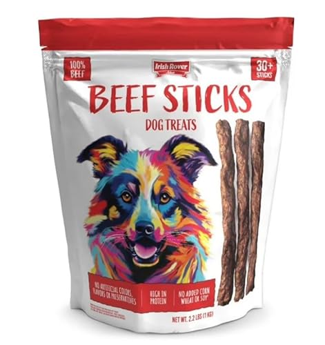 Irish~Rover Beef Sticks Dog Treats ~ 30 Count ~ Net Weight 2.2 Lbs, (1Kg) ~ 100% Beef, High Protein, No Artificial Colors, No Artificial Flavors and Preservatives.