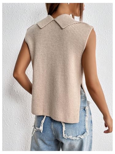 Image of MakeMeChic Women's Sweater Vest Collar V Neck Knit Sleeveless Summer Tank Tops Vest Tops Khaki Small