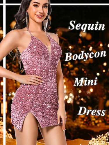 Image of ShawGobow Sexy Sequin Dress for Women,Sparkly Glitter Velvet Mini Prom Dresses,Plunge Backless Club Outfit Cocktail Party