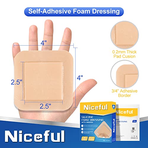 Niceful Silicone Foam Dressing 4"X4", Waterproof Silicone Bandages With Border Adhesive, High Absorbency Bed Sore Bandages Wound Care Dressing (2.5"X2.5" Pad), 5 Packs #TOP1