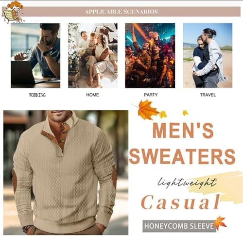 Men's Outdoor Leisure Standing Collar Long Sleeve Jacquard Knitted Pullover Top,Vintage Western Button Up Elbow Patch Sweater3