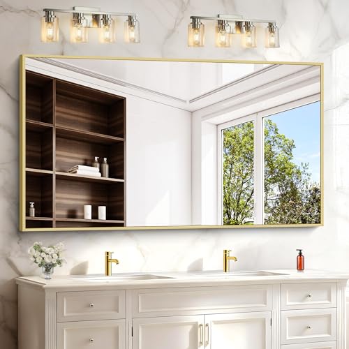 Image of COFENY 30x55In Gold Bathroom Mirror for Wall, Brushed Gold Rectangle Mirrors with Metal Frame, Bathroom Rectangular Mirror Modern Wall Mirror for Bedroom Living Room, Hangs Horizontal or Vertical