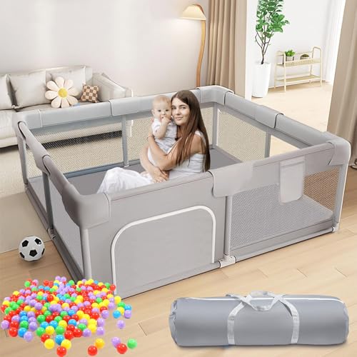Parque para bebé con 50 bolas, 2 asas, 0-48 meses, gran espacio de 120 cm x 120 cm x 65 cm, barrera parque bebé de malla transpirable, 2 entradas laterales con cremallera (gris)