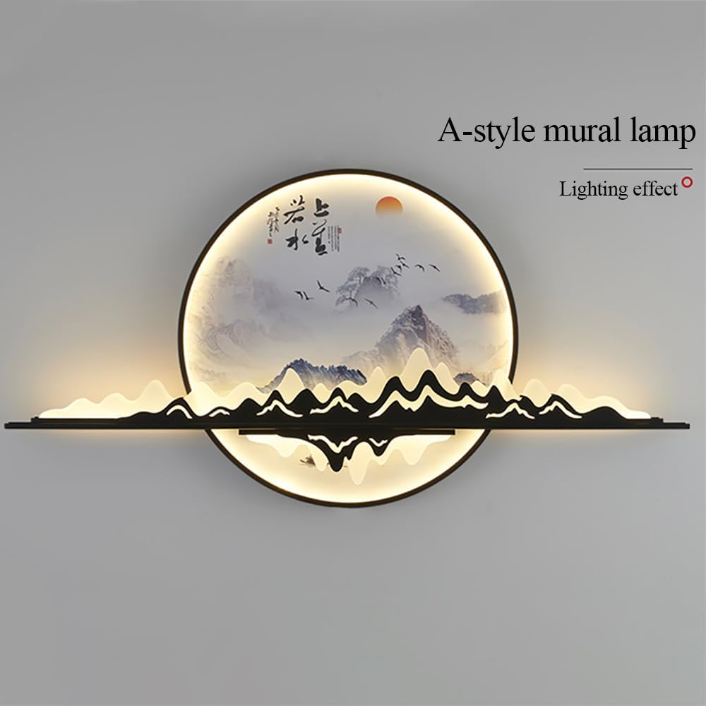 Lámparas de pared modernas LED mural de paisaje circular creativo chino lámpara de estudio de la Sala de estar del hogar (A D60cm 1pcs)