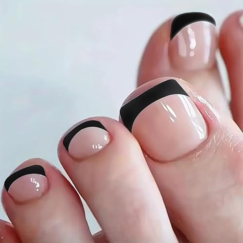 Black French Tip Press on Toenails Short Square Fake Toenails