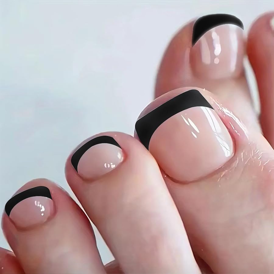 Black French Tip Press on Toenails Short Square Fake Toenails Black Edge Full Cover French Toe Nail Tips Nude False Toenails Full Cover Glossy Summer Acrylic Toe Manicure Decorations for Women 24Pcs