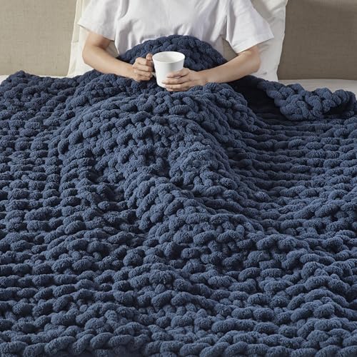 Madison Park Chenille Chunky Knit Handmade Throw Blanket, Luxuriously Soft Gift Blankets, Cottage Style Room Décor, Lightweight & Breathable All Seasons Throw Blanket for Couch, 50"W x 60"L Navy Blue - Image 4