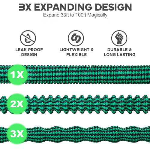 Expandable Garden Hose 100 ft Water Hose with 10 Function Spray Nozzle, Lightweight Flexible Hose with 3/4 Inch Solid Fittings and 3-Layer Latex Core, 100ft Retractable Stretch Hose, Green & Black