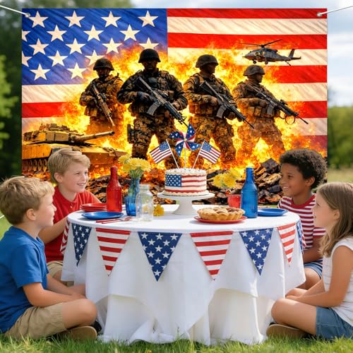 Image of IVN Patriotic Soldier Backdrop Banner 71 x 43 Inch 4th of July Veterans Day Memorial Day Banner Decorations Supplies Independence Day Themed America Independence Day Backdrop