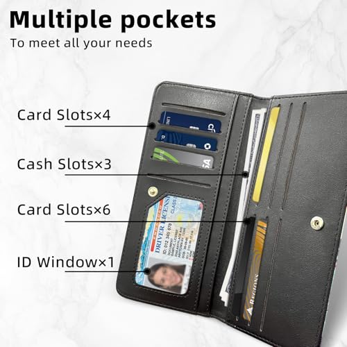 Slim Thin RFID Blocking Credit Card Wallets, Long Wallet for Women, Bifold PU Leather Credit Card Holder Cute Cash Clutch Long Billfold, Button protection, Dragonfly and Forest3