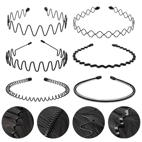LERNOU 6 Stück Metall Haarband Haarreifen Damen Elastische Metall Stirnband Schwarz Welle Haarbänder Multi-Stil für Männer Frauen Sportliche Haarband für Outdoor Sports Yoga