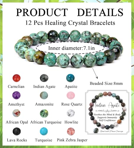SAMOCO 12PCS 8mm Natural Crystal Bracelets for Women Men Semi-Precious Gemstone Beaded Bracelets Round Beads Gemstones Stretch Yoga Bracelet Jewelry Gift4