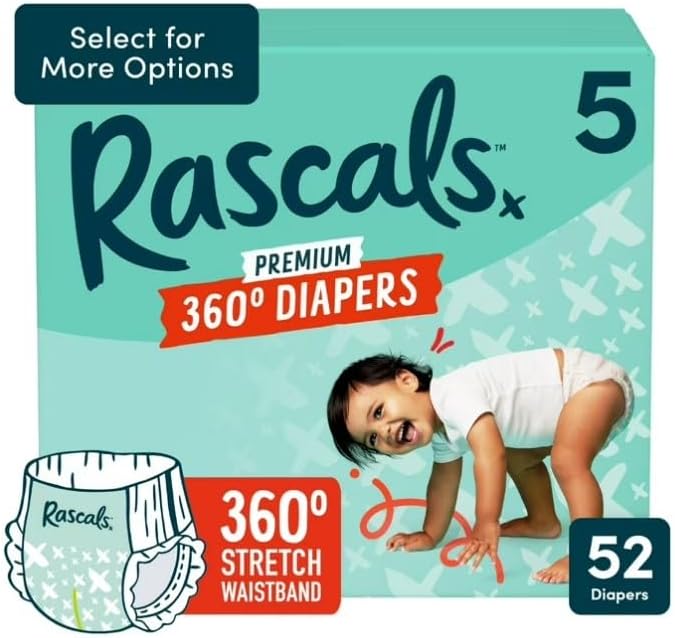 Rascal + Friends Premium 360 Absorbent Pull-On Diapers, Size 5, 52 Count, 1 Pack.