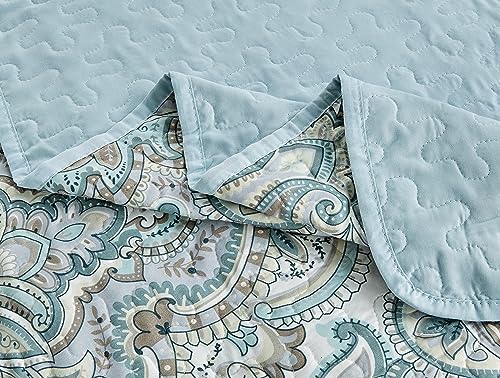 Grand Linen 3 Piece Oversized Lightweight All-Season Paisley Design Quilt Set, King Size, 115” Wide x 95” Long, Soft Microfiber Bedspread with 2 Shams, Blue, Grey and Brown Colors, Reversible Coverlet