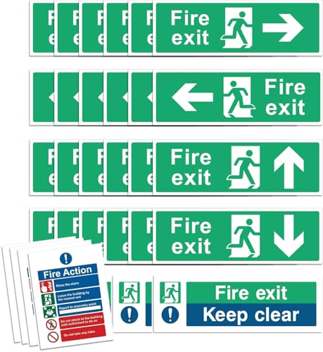 Rubigo 16PK/32PK Fire Exit Signs (RIGHT, LEFT, UP, DOWN ARROW) Keep Clear, Fire Action Safety Signs, 30 X 10cm, Self Adhesive Vinyl Sticker, Emergency Exit Door, Signage (32)