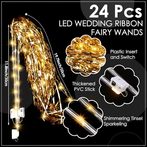 Simgoing 24 Pcs Lighted Wedding Wands LED Tinsel Wedding Light up Wands Streamers Sparklers Send Off and Exits Props Birthday Baby Shower Party Favors(Champagne Gold) - Thumbnail 2