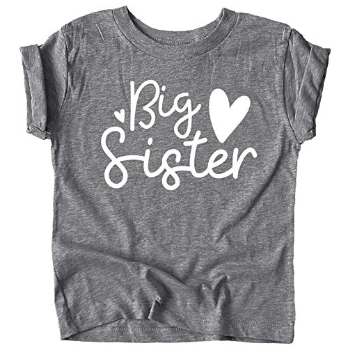 Olive Loves Apple Cursive Big Sister Hearts Sibling Reveal T-Shirt for Baby and Toddler Girls Sibling Outfits Granite Heather Shirt