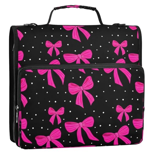 Pink Bows Zipper Binder 3 Ring with Shoulder Strap and Multiple Pockets File Folder Organizer Storage Tote Bag for School and Office2