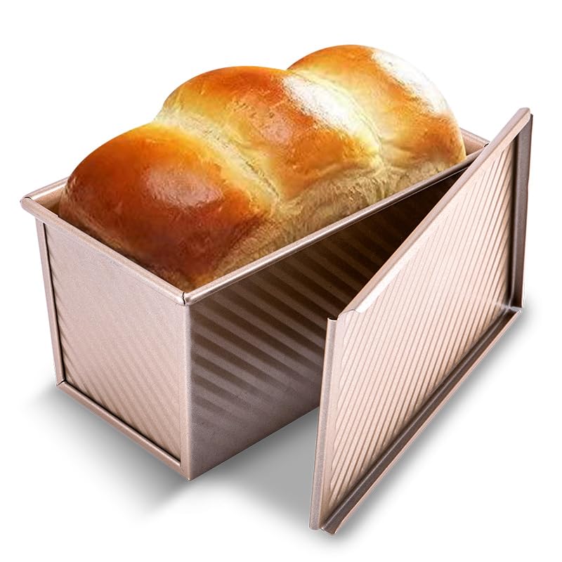 KITESSENSU Pullman Loaf Pan with Lid, 1 lb Dough Capacity Non-Stick Bakeware for Baking Bread, Carbon Steel Corrugated Bread Toast Box Mold with Cover for Baking Bread, Gold
