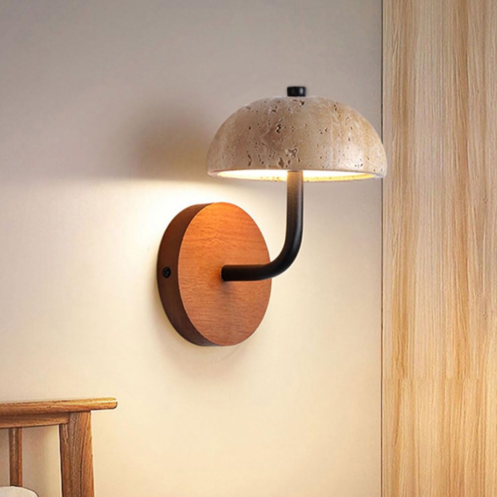SXECAEPS Dome Wall Lamp LED Sconce Natural Stone Mount Light Vintage Wood Sconces Lighting Fixture Bedroom Bedside Lights Living Room Decor Hardwired Lamps