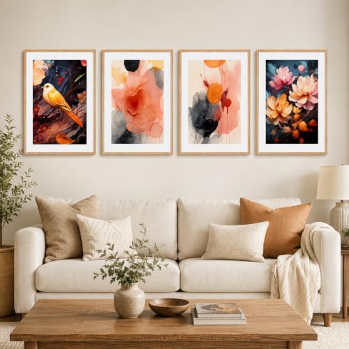 Image of Livin'luxe Set of 4 Floral Bird & Abstract Wall Paintings with Sparkle Laminate and Premium Wooden Synthetic Frame for Living Room Bedroom Office Decor (13.5 x 19.5 Inch)